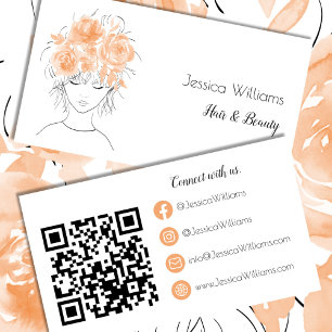 Tarjeta De Visita Código QR lindo chica melocotón rosas de acuarela 