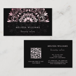 Tarjeta De Visita Código QR Mandala Floral Rosa Brillante Negro