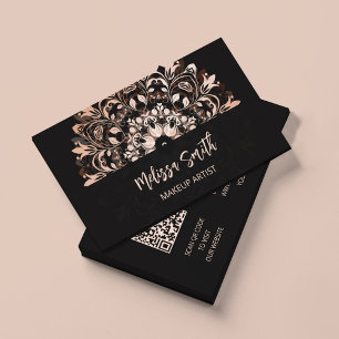 Tarjeta De Visita Código QR Mandala Floral Rosa Dorado Negro