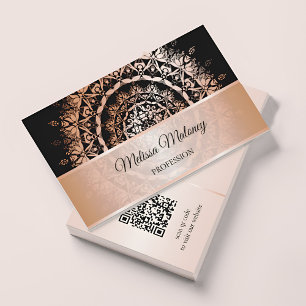 Tarjeta De Visita Código QR Mandala Negro Rosa Dorado