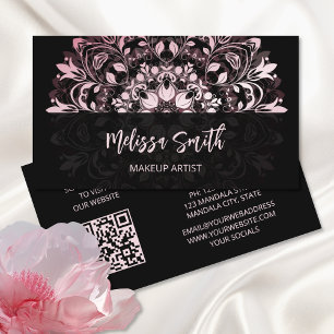 Tarjeta De Visita Código QR Mandala rosa brillante de flor negra
