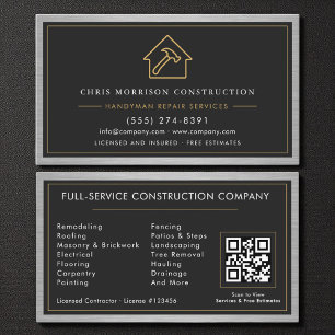 Tarjeta De Visita Código QR Mano de obra de metal negro oro construc