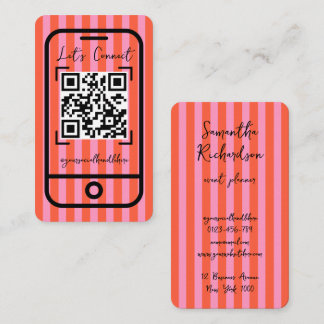 Tarjeta De Visita Código QR Manuscrito Rayas Divertidas Rosa Cereza