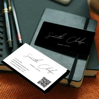 Tarjeta De Visita Código QR manuscrito simple en blanco y negro