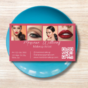 Tarjeta De Visita código qr maquilladora 4 fotos collage rojo