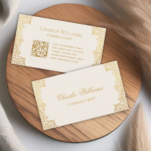 Tarjeta De Visita Código QR marfil dorado vintage Elegante escritura