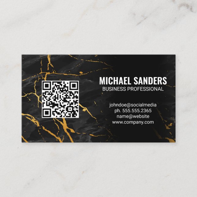 Tarjeta De Visita Código QR | Mármol negro de oro (Anverso)