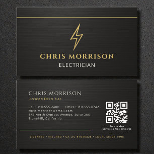 Tarjeta De Visita Código QR metálico de electricista negro