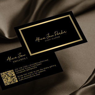 Tarjeta De Visita Código QR metálico dorado negro moderno profesiona