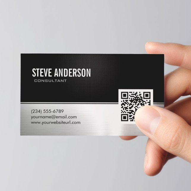 Tarjeta De Visita Código QR metálico moderno de plata negra profesio (Subido por el creador)