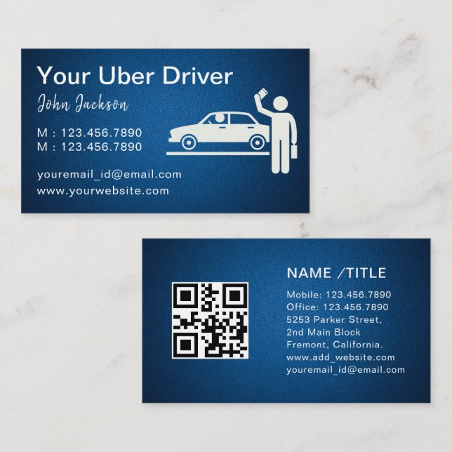 Tarjeta De Visita Código QR Metalizado azul de Uber Taxi Limo (Anverso / Reverso)