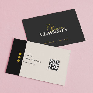 Tarjeta De Visita Código Qr Minimalista Chic Marfil Negro Dorado