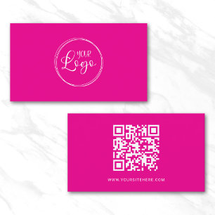Tarjeta De Visita Código QR minimalista con logotipo rosa y blanco