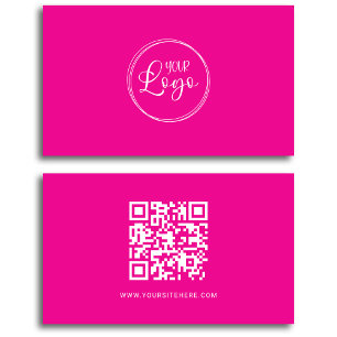 Tarjeta De Visita Código QR minimalista con logotipo rosa y blanco