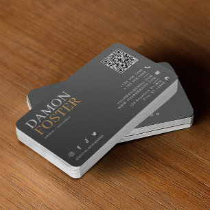 Tarjeta De Visita Código QR Minimalista de cuero neutro gris moderno