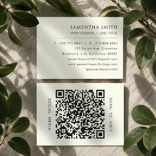 Tarjeta De Visita Código QR Minimalista Profesional Marfil y Negro