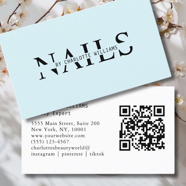 Tarjeta De Visita Código QR moderno, azul claro (Modern, Light-Blue, Salon, Beauty, QR Code Business Card.)