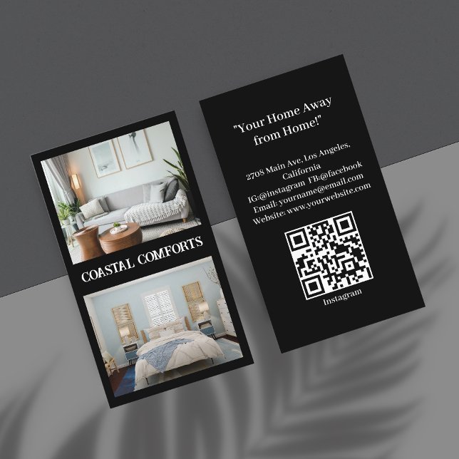 Tarjeta De Visita Código QR moderno de alquiler de vacaciones en neg (Subido por el creador)