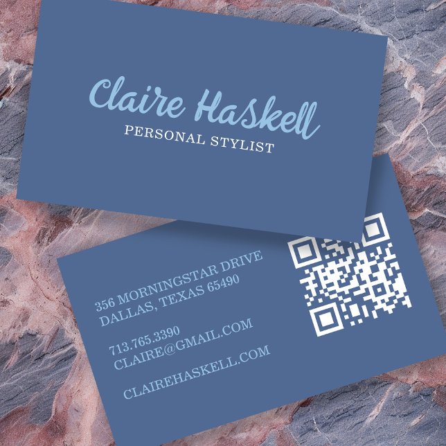 Tarjeta De Visita Código QR moderno de verano suave estilo de escrit (Fancy Script Soft Summer Minimalist Modern QR Code Business Card
Blue)