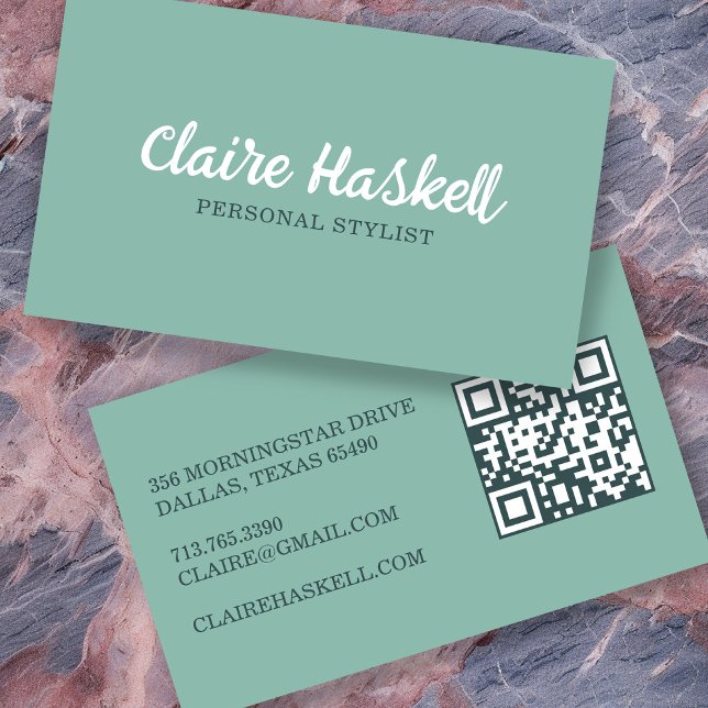 Tarjeta De Visita Código QR moderno de verano suave estilo de escrit (Fancy Script Soft Summer Minimalist Modern QR Code Business Card
Green)