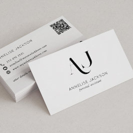Tarjeta De Visita CÓDIGO QR moderno monogramado en blanco y negro