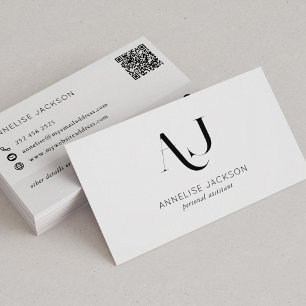 Tarjeta De Visita CÓDIGO QR moderno monogramado en blanco y negro