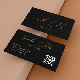 Tarjeta De Visita Código QR Moderno Negro y Dorado Letra Manuscrita