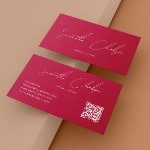 Tarjeta De Visita Código QR Moderno Puro Rosa Caliente Letra Manuscr