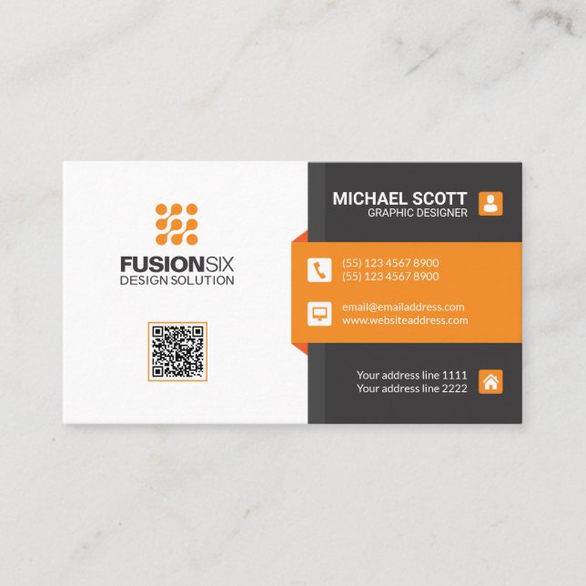 Tarjeta De Visita Código QR moderno y elegante - naranja (Anverso)
