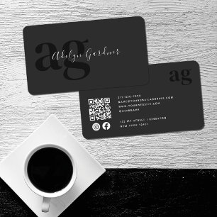 Tarjeta De Visita Código QR Monograma blanco negro Script Social Med