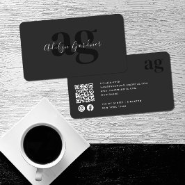 Tarjeta De Visita Código QR Monograma blanco negro Script Social Med