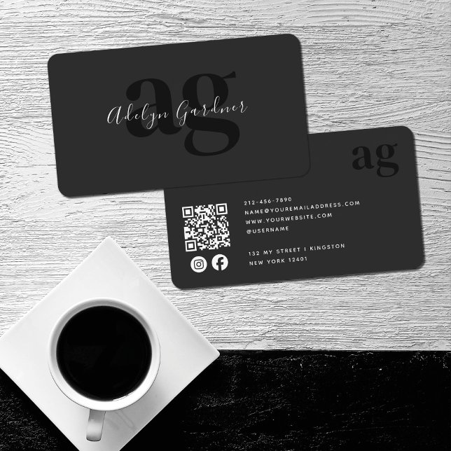 Tarjeta De Visita Código QR Monograma blanco negro Script Social Med (Subido por el creador)