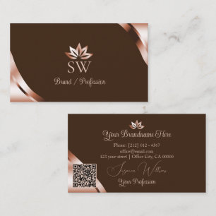 Tarjeta De Visita Código QR Monograma Café Marrón Esquinas Rosa Dora