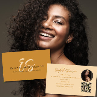 Tarjeta De Visita Código QR Monograma de Letra Foto Marrón Claro Gir