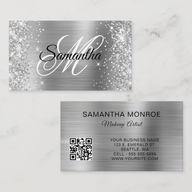 Tarjeta De Visita Código QR monograma de Relieve metalizado plateado (Anverso / Reverso)