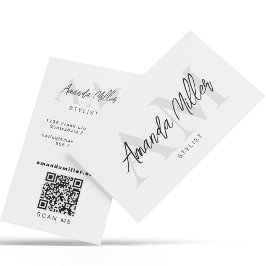 Tarjeta De Visita Código QR Monograma Minimalista moderno Plata blan