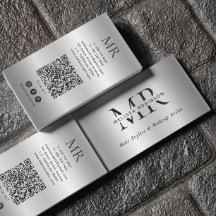 Tarjeta De Visita Código QR Monograma Moderno de Metal Cepillado Fal
