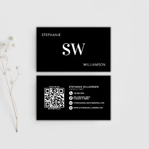 Tarjeta De Visita Código QR monograma moderno Mínimo en blanco y neg