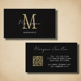 Tarjeta De Visita Código QR Monograma Negro Dorado