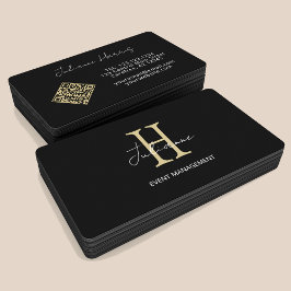 Tarjeta De Visita Código QR Monograma Negro Oro