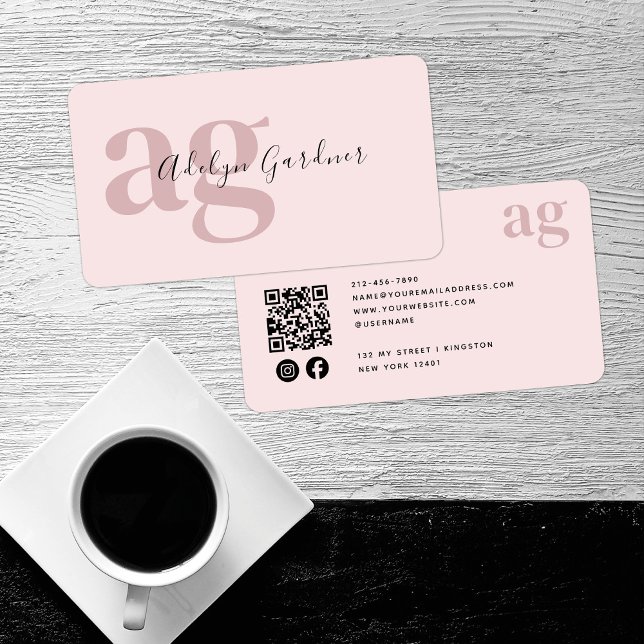 Tarjeta De Visita Código QR Monograma rosa Script Social Media (Subido por el creador)