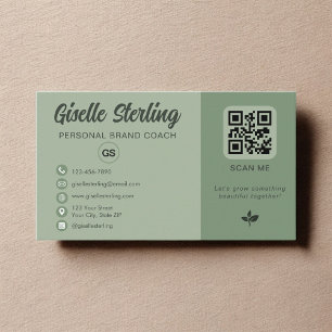 Tarjeta De Visita Código QR Monograma Verde Salvia en Redes Sociales