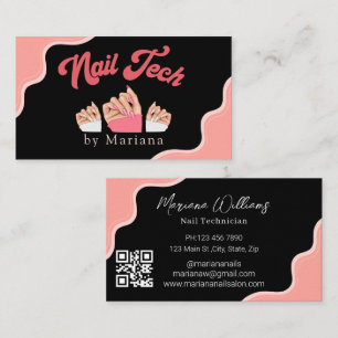 Tarjeta De Visita código qr nails artista tech black rosa elegante