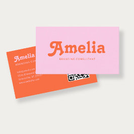 Tarjeta De Visita Código QR naranja rosa minimalista decorativo retr