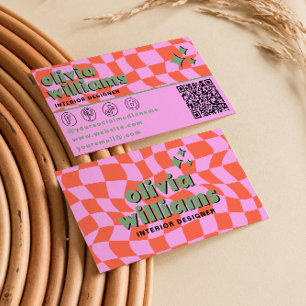 Tarjeta De Visita Código QR Naranja Rosa Retro Groovy Cuadriculado Ú