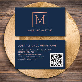 Tarjeta De Visita Código QR Navy Rosa de oro Monograma elegante