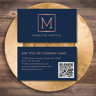 Tarjeta De Visita Código QR Navy Rosa de oro Monograma elegante