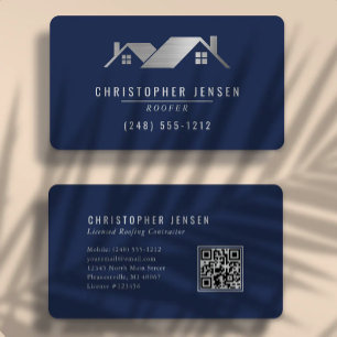 Tarjeta De Visita Código QR Negocio de Techos Azul Marino Plata Redo