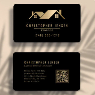 Tarjeta De Visita Código QR Negocio de Techos Negro Oro Redondeado