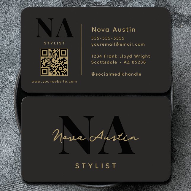 Tarjeta De Visita Código QR negro dorado estética trendy de lujo con (Subido por el creador)